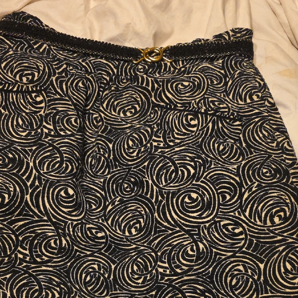 Elevenses Black and Cream Swirl A-Line Skirt 6 Linen Blend